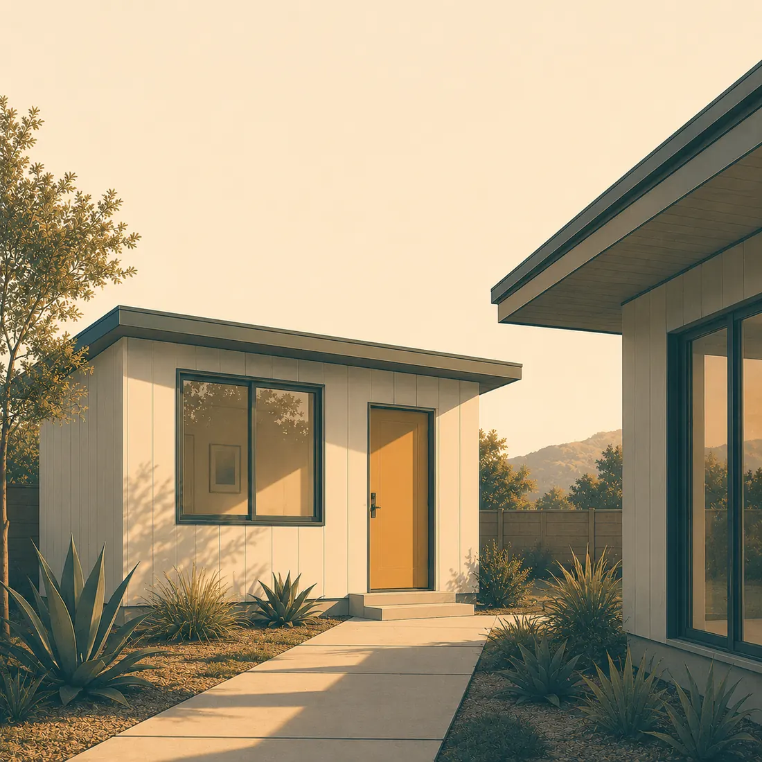 Watercolor illustration of a small detached backyard ADU with wood siding under a mature tree