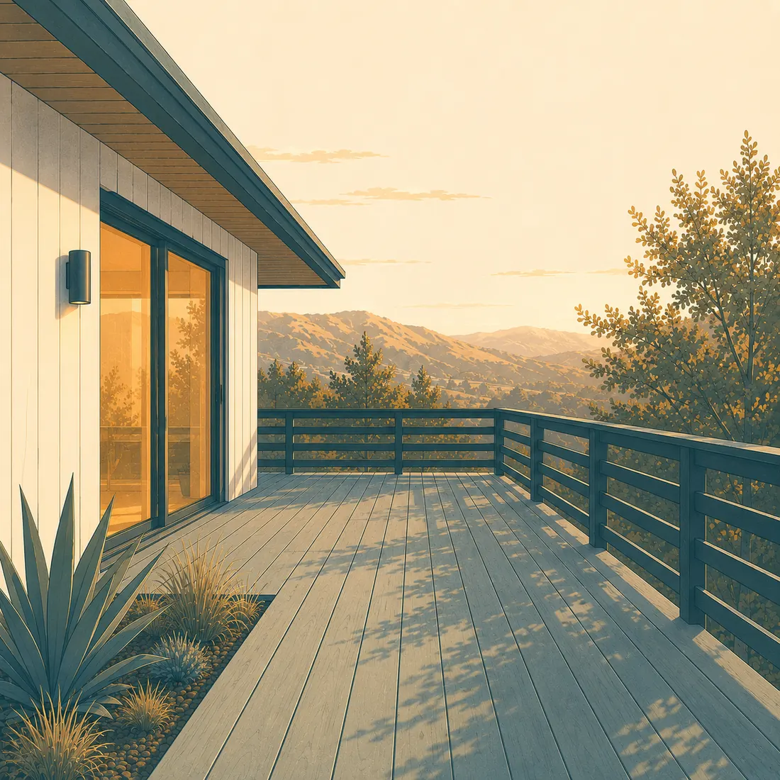 Illustration of a raised wood deck with slatted railing overlooking the Bay