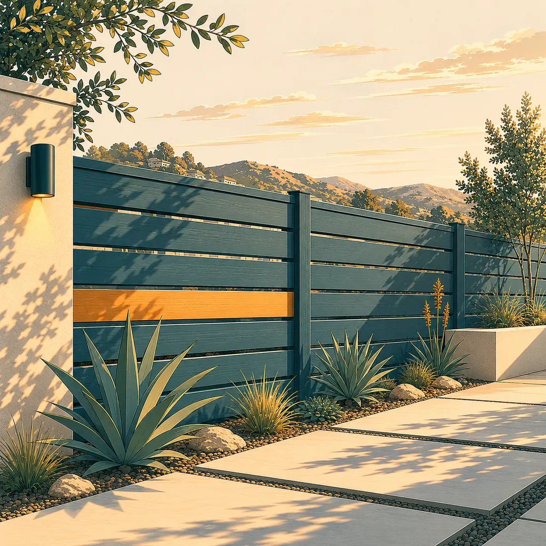 Illustration of a modern horizontal-slat teal fence with xeriscape planting