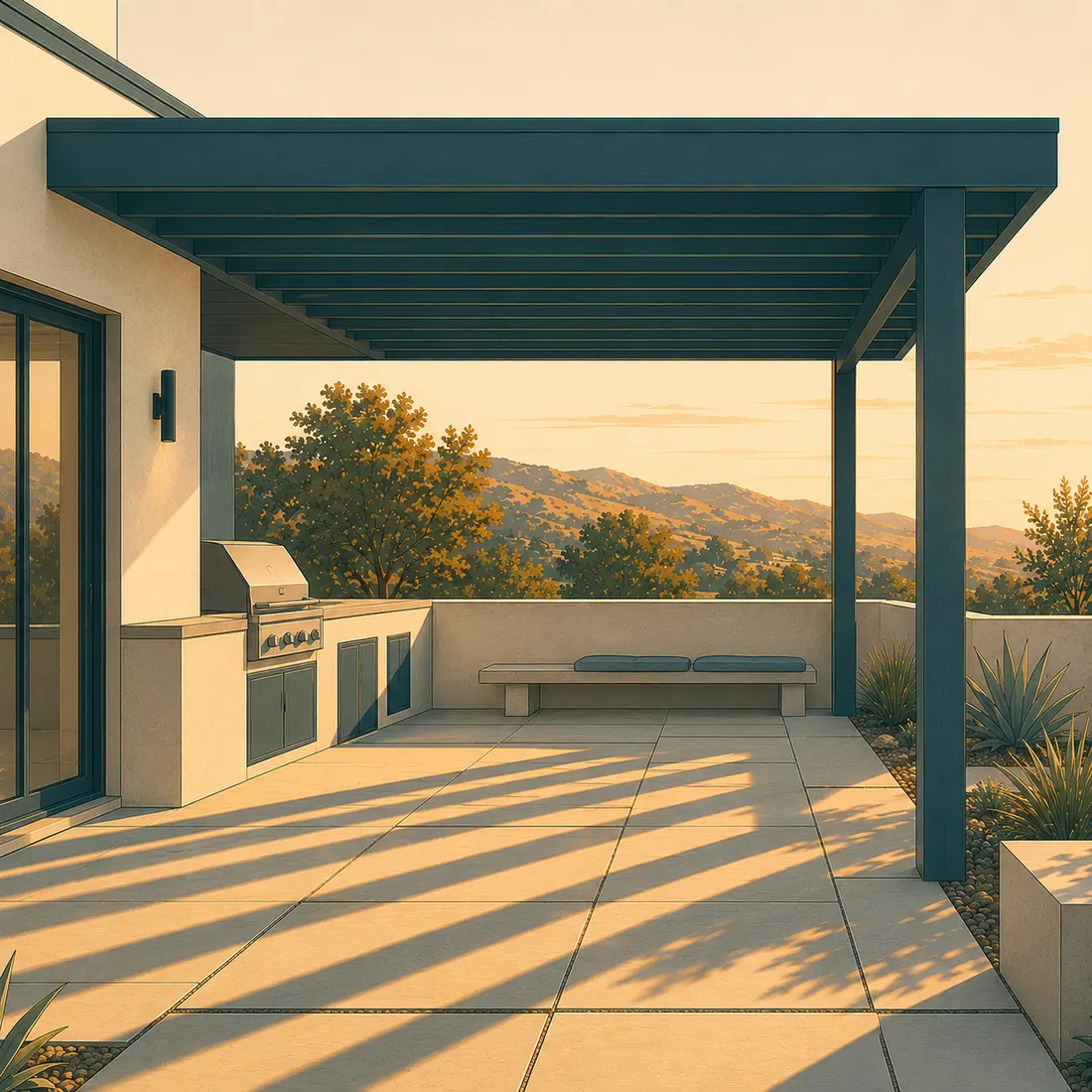 Illustration of a modern patio with a slatted patio cover and paver flooring