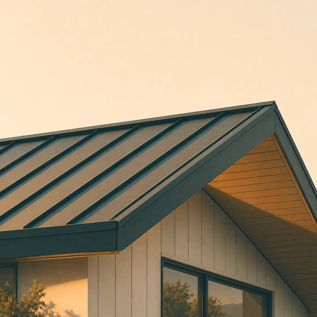 Architectural illustration of a standing seam metal roofline with a small amber sun