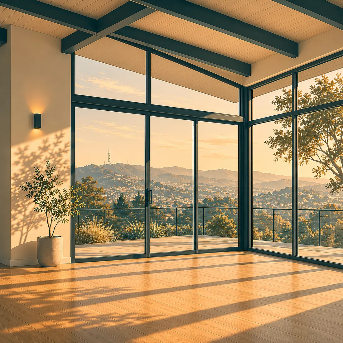 Interior view of large clean-framed windows with warm daylight and Bay Area hills beyond