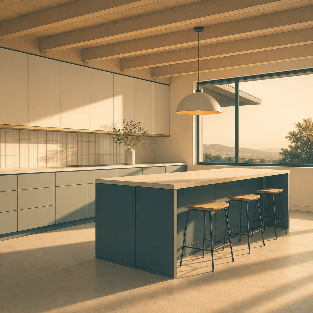 Watercolor illustration of a renovated Bay Area kitchen with warm wood cabinetry and a view of the hills